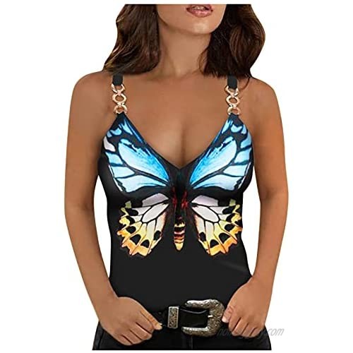 Women's Chain Vest Rose Butterfly Print Sexy V-Neck Camisole Summer Loose Casual Lace Shirt Tank Top