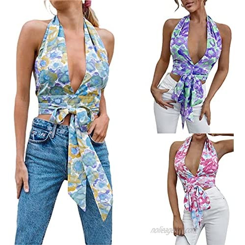 Women's Halter Tank Tops y2k Sleeveless Backless Floral Crop Top E Girl Fashion V Neck Bandage Wrap Vest Streetwear