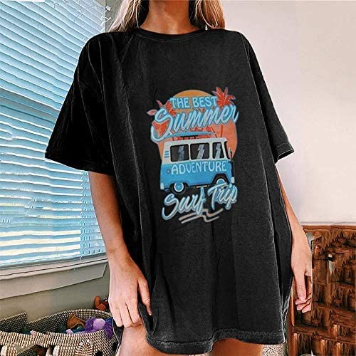 Women's Oversized Tops Tshirts Loose Blouses Vintage Car Graphic Tops Short Sleeve Crewneck Tees Women Fashion 2021