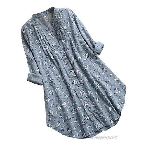 Womens Plus Size Floral Shirt Button Up V-Neck Long Sleeve Casual Loose Tops T-Shirt Blouse