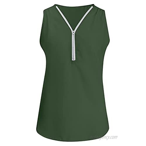 Womens Summer Casual Sleeveless V Neck Half Zipper Up Tunic Tops Blouse T-Shirts Chiffon Solid Shirt Tank Tops Vest