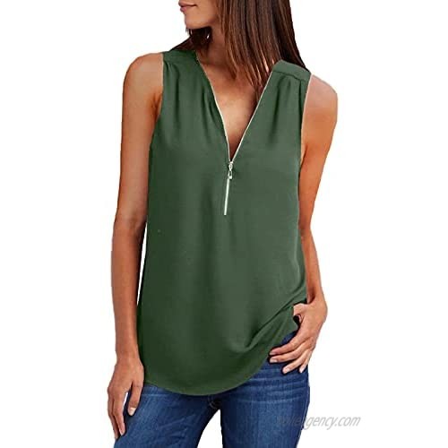 Womens Summer Casual Sleeveless V Neck Half Zipper Up Tunic Tops Blouse T-Shirts Chiffon Solid Shirt Tank Tops Vest