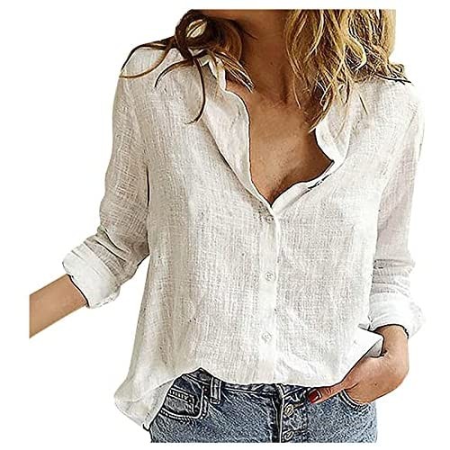 Women's Summer Loose Plus size sexy Linen Button Solid Lapel Long Sleeves Shirt Casual Blouse Tops Shirts