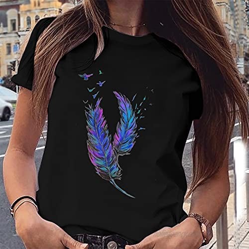 Womens Summer Short Sleeve Tops Loose Casual 3D Feather Printing Round Neck Cotton Crop Tops Workout Basic Shirts