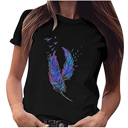 Womens Summer Short Sleeve Tops  Loose Casual 3D Feather Printing Round Neck Cotton Crop Tops Workout Basic Shirts