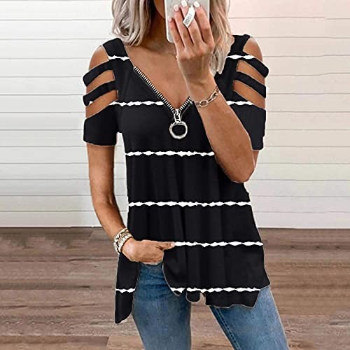 Womens Summer Top Short Sleeve Strapless Casual Tunic Tops Daily Loose Fit Tee Zipper V-Neck Blouses T-Shirt