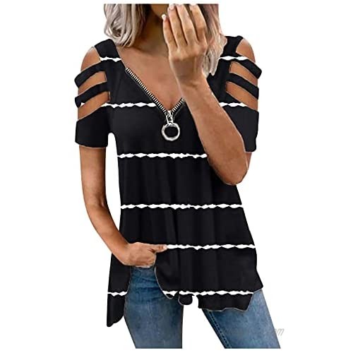 Womens Summer Top Short Sleeve Strapless Casual Tunic Tops Daily Loose Fit Tee Zipper V-Neck Blouses T-Shirt