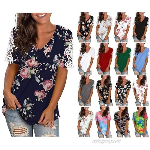 Womens Summer Tops Casual Printed Hollow Out Shirts Strap Tops V-Neck T-Shirt