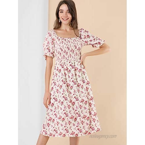 Allegra K Women's Square Neck Puff Sleeves Casual Midi Smocked Floral Dress