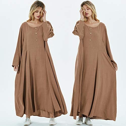 Anysize Vogue Loose Pockets Linen Cotton Long-Sleeved Spring Fall Winter Dress Plus Size Clothing F180A