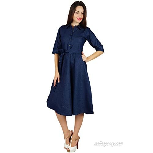 Bimba Womens Blue Denim Shirt Dress with Pockets 3/4 Sleeve Casual Midi Dresses