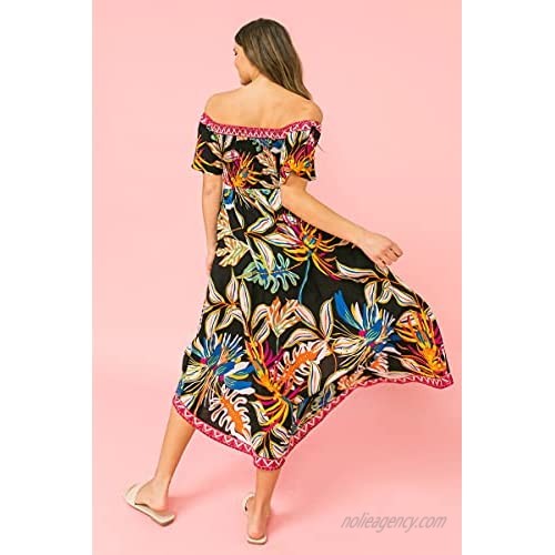 Bohemian Off Shoulder Maxi Dress - Hi Low Hem Tropical Floral Smocked Dress