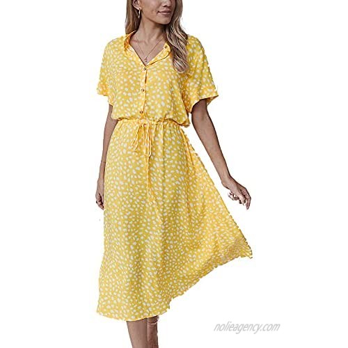 BROVAVE Women's Casual Polka Dot Print Vintage Short Sleeve Collar Midi Dress Summer