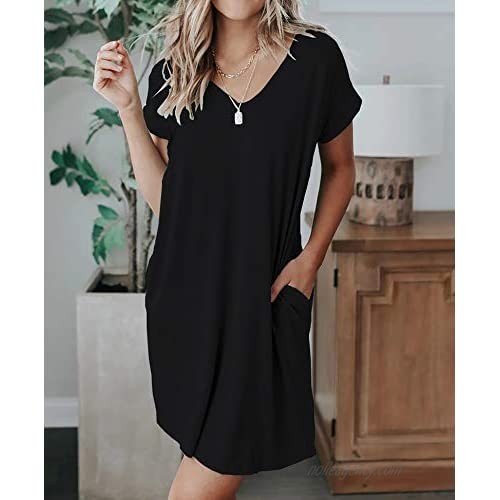 BTFBM Women V-Neck Short Sleeve Solid Color Casual Loose Fit T-Shirt Tunic Dress Pajamas with Two Side Pockets