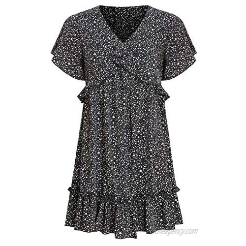 Cosonsen Women's Summer Dresses V-Neck Short Sleeve Ruffle Floral Swing Short Dress
