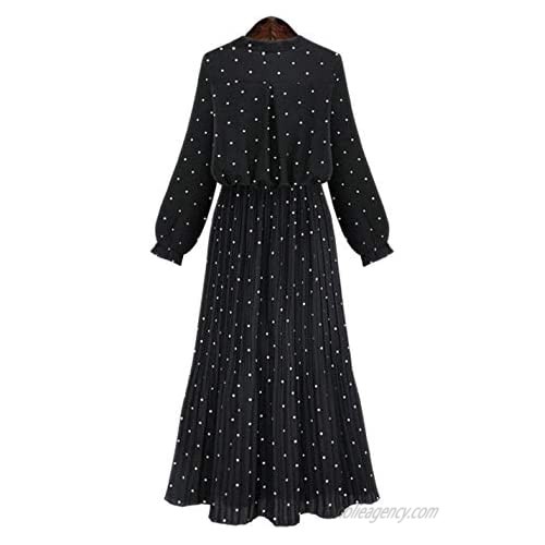 D.B.M Women's Elegant Slim Stretch Waist Polka Dot Printed Long Chiffon Dress