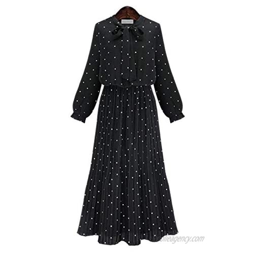 D.B.M Women's Elegant Slim Stretch Waist Polka Dot Printed Long Chiffon Dress