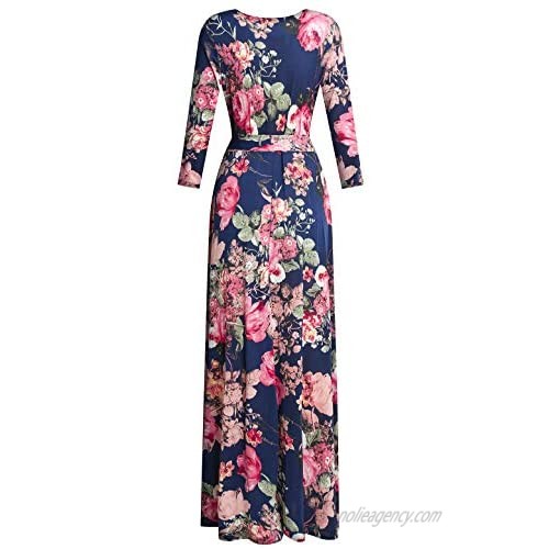 DUYOHC Womens 3/4 Sleeve Stretchy Floral Printed Faux Wrap Maxi Long Dresses with Belt