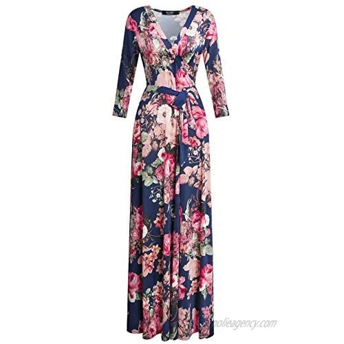 DUYOHC Womens 3/4 Sleeve Stretchy Floral Printed Faux Wrap Maxi Long Dresses with Belt
