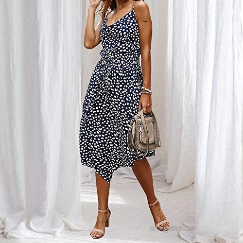 Exlura Women's Leopard Printed Adjustable Strappy Tie Waist Dress Irregular Hem Maxi Dress