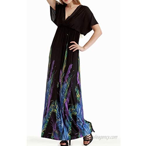 FEOYA Woman Loose Boho Maxi Dress Batwing Double V-Neck Empire Waist Long Beach Dress