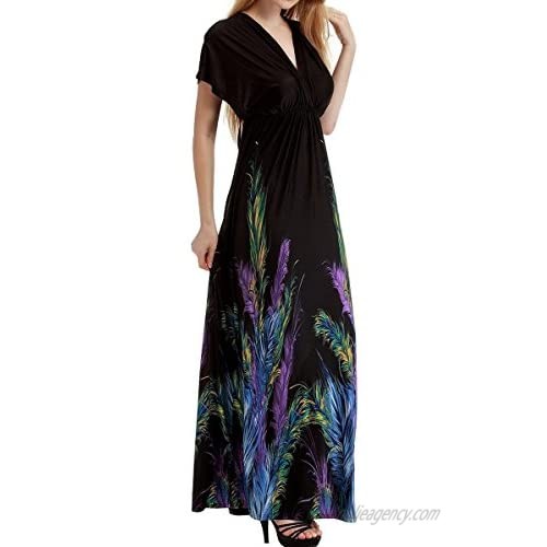 FEOYA Woman Loose Boho Maxi Dress Batwing Double V-Neck Empire Waist Long Beach Dress