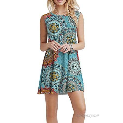 Genhoo Women Summer Casual Sleeveless Floral Printed Swing T-Shirts Dress Sundress with Pockets