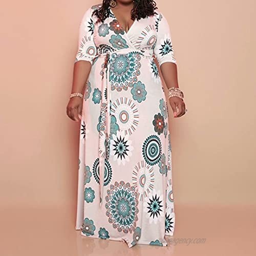 IyMoo Womens Plus Size V Neck 3/4 Sleeve Floral Printed Party Loose Long Maxi Dress with Belt