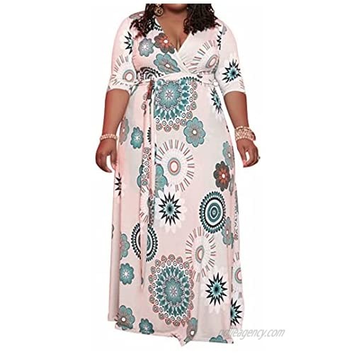 IyMoo Womens Plus Size V Neck 3/4 Sleeve Floral Printed Party Loose Long Maxi Dress with Belt