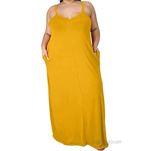 lexiart Plus Size Spaghetti Dresses - Sexy Summer Long Maxi Dress with Pockets Beach Causal