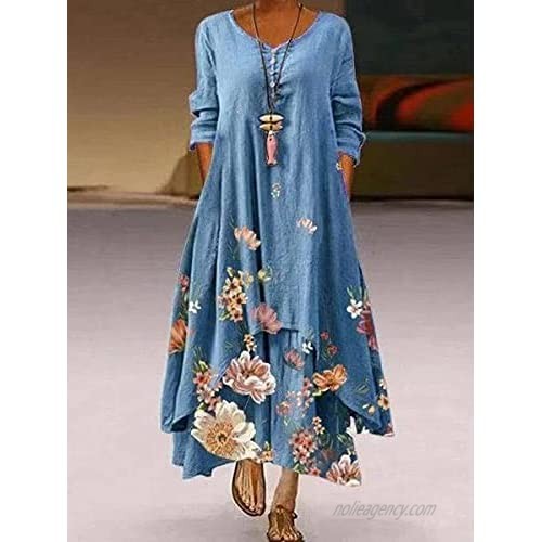 Molandra Products Plus Size Boho Linen Dress for Women Casual Long Sleeve Maxi Dresses Loose Irregular Dress with Pockets