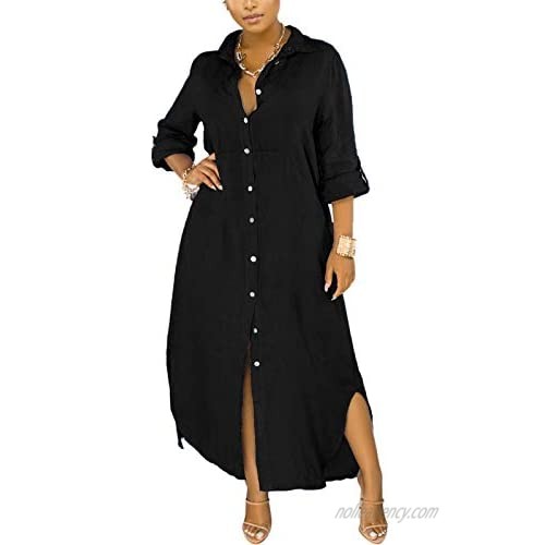 nqgsntc Women V Neck Rolled Up Sleeve Lining Dress Button Down Side Slit Shirt Maxi Dresses