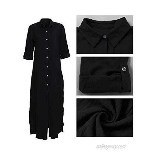 nqgsntc Women V Neck Rolled Up Sleeve Lining Dress Button Down Side Slit Shirt Maxi Dresses