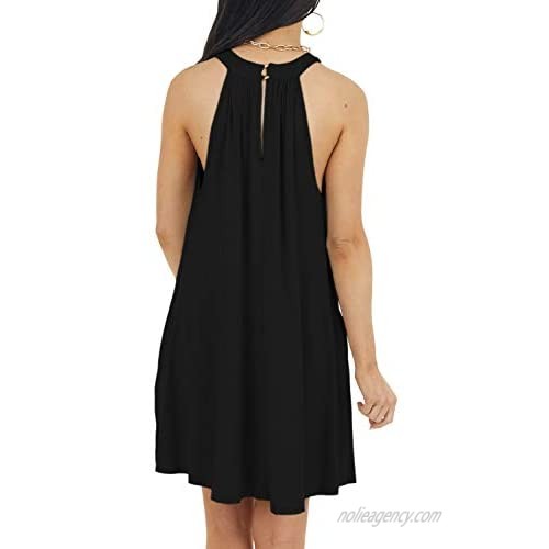 ReachMe Womens Casual Halter Neck Mini Dress Summer Sleeveless Swing Dress with Pockets