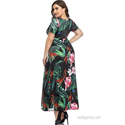Ruiyige Plus Size Women Boho Wrap Short Sleeve V-Neck Empire Waist Party Maxi Dresses with Pocket
