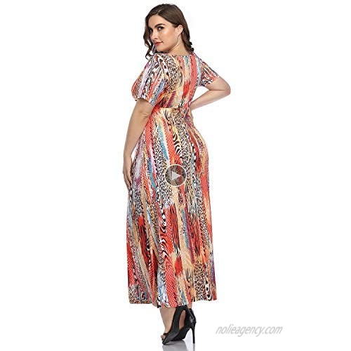 Ruiyige Plus Size Women Boho Wrap Short Sleeve V-Neck Empire Waist Party Maxi Dresses with Pocket