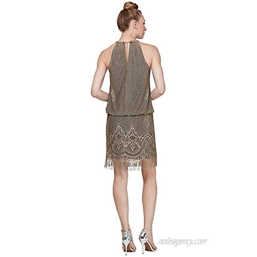 S.L. Fashions Women's Blouson Halter Crochet Fringe Hem Short Dress (Missy Petite)