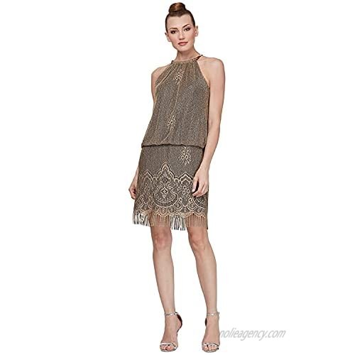 S.L. Fashions Women's Blouson Halter Crochet Fringe Hem Short Dress (Missy Petite)