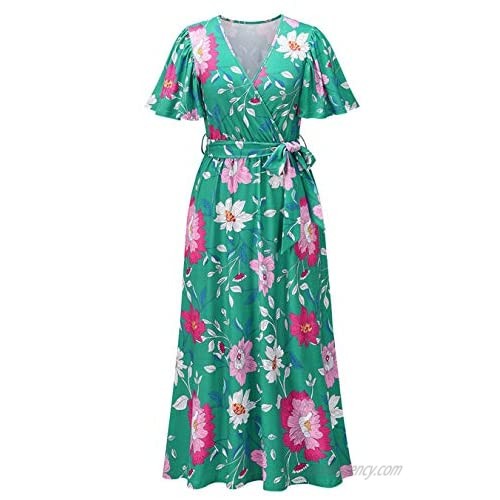 Summer Floral Maxi Bohemian Dress Sexy V Neck High Waist Flowy Swing Beach Party Dress with Ruffle Sleeve