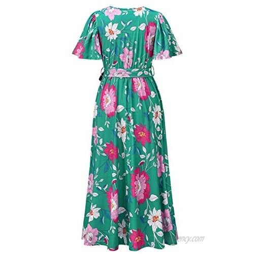 Summer Floral Maxi Bohemian Dress Sexy V Neck High Waist Flowy Swing Beach Party Dress with Ruffle Sleeve