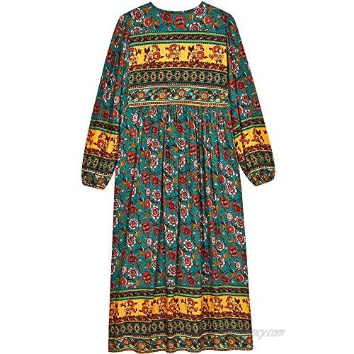 UIMLK Boho Maxi Dresses for Women Casual Summer Cotton Long Sleeve Floral Print Tassel Bohemian Midi Dresses with Pockets