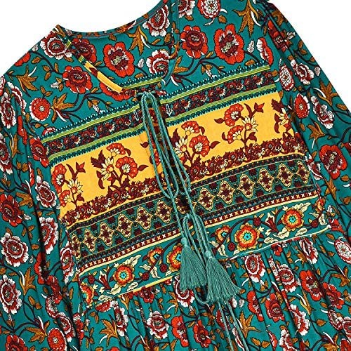 UIMLK Boho Maxi Dresses for Women Casual Summer Cotton Long Sleeve Floral Print Tassel Bohemian Midi Dresses with Pockets