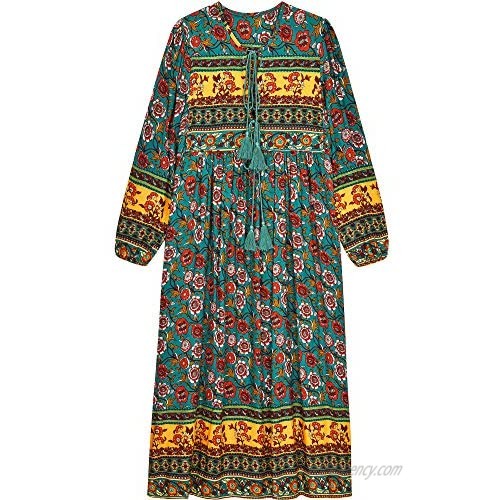 UIMLK Boho Maxi Dresses for Women Casual Summer  Cotton Long Sleeve Floral Print Tassel Bohemian Midi Dresses with Pockets