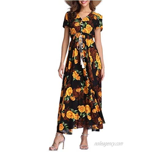 Women's Floral Maxi Dresses Boho Button up Split Beach Party Long Dress