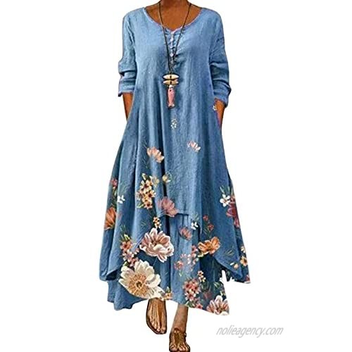 Xiakolaka Women Plus Size Boho Dress Casual Irregular Maxi Dresses Loose Long Sleeve Linen Dress with Pockets