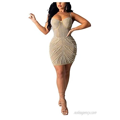 acelyn Women Elegant Mesh Sheer Bodycon Mini Dress Spaghetti Strap Pearl Beaded Tunic Cocktail Dress Club Night