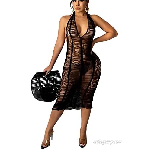 Bluewolfsea Women Sexy V Neck Knitted Mesh Crochet Hollow Out Bodycon Maxi Dress Party Beach Cover Up Dress