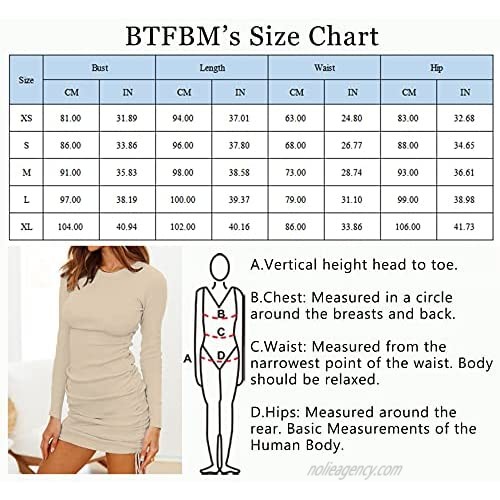 BTFBM Women Ruched Bodycon Drawstring Dress Plain Solid Crew Neck Long Sleeve Casual Stretch Knit Tight Short Dresses