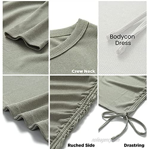 BTFBM Women Ruched Bodycon Drawstring Dress Plain Solid Crew Neck Long Sleeve Casual Stretch Knit Tight Short Dresses