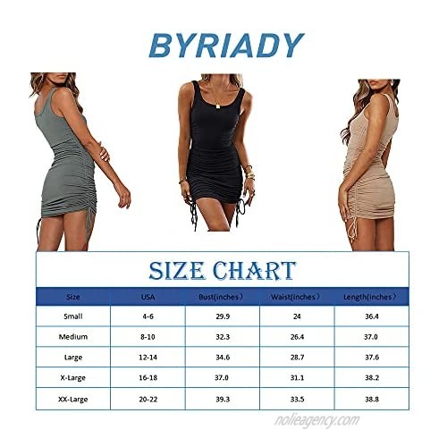 Byriady 2021 Women's Ruched Bodycon Tank Dress Sexy Mini Sleeveless Drawstring Wrap Tight Dresses Casual Party Club